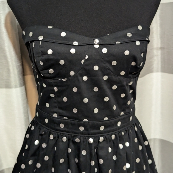 Black Poppy Black & Silver Polkadot Strapless Mini Cocktail Dress. Size: Large - Picture 2 of 11
